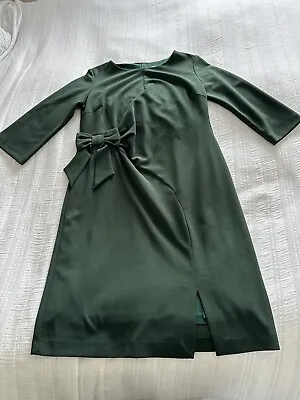 Libra Forest Green Crepe Gathered Waist Dress Size 16 Smart Work Party Bow • £19.99