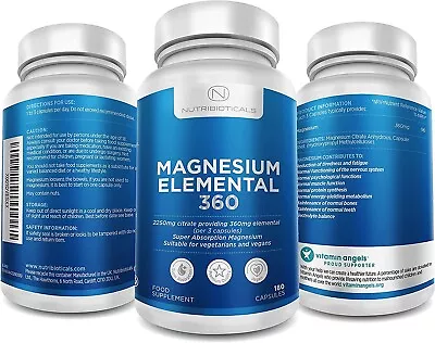 £7.99 • Buy 2250mg Pure Magnesium Citrate Providing Max 360mg Elemental - 180 Vegan Capsules