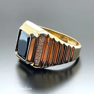 14K Yellow Gold Signed Ring ONYX CZ Stones Rectangle Shape Gemstone ALL SIZE • £579.90