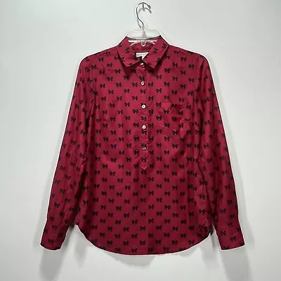 J Crew Womens Red Boy Popover Shirt Bow Print Cotton Silk Collared Blouse Size 2 • $21.79