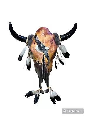 Real Hand Painted Cow Skull  southwest signed skull  Eagle  18.5  X 19  • $150