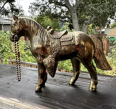 Vintage Metal Gold Finish Western Style Horse Figurine Toy With Chain • $10.99