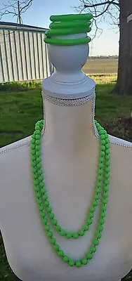 Vintage MCM Lucite Solid Lime Green Material Valley Girl Bead Necklace Bracelets • $51