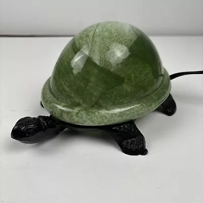 Turtle Lamp Marbled Green Glass Shade Bronze Base Table Night Light Vintage • $38.24