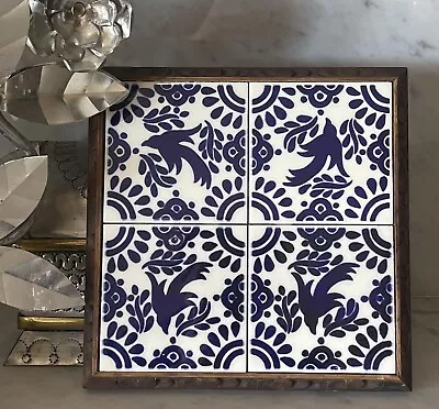 Vintage Blue-and-White Mexican Tile And Carved Wood Tray • $19.99