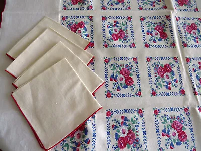 1940s Luncheon Tablecloth Napkins Set Pink Cabbage Roses White Daisy Flowers • $54