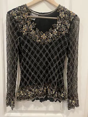 Vintage Stenay Beaded Black Long Sleeve Top Gold And Clear Beading Size Medium • $20