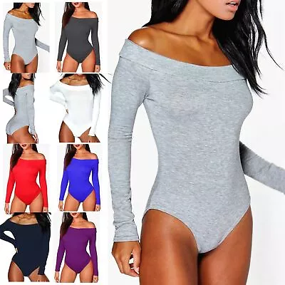 Ladies Womens Off Shoulder Long Sleeve Top Plain Stretch Bardot Bodysuit Leotard • £4.49