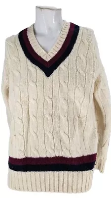 4157 Aspen Leaf Sweater Mens Vintage Cream Wool Cable V Knit Cricket Pullover M • $34.99