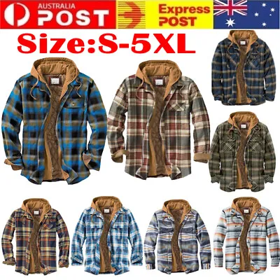 Men Classic Plaid Flannel Shirt-Jacket Warm Quilted Lined Hooded Padded Coat AU • $50.99
