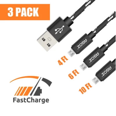 $10.98 • Buy 3 Pack: 4ft, 6ft, 10ft Micro USB Cable FAST Charger Data Sync Cord For Tablets