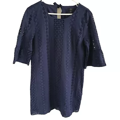 J.Crew Woman Dress Size 10 Navy Cotton Eyelet Dress Ruffle Sleeves Lined • $45