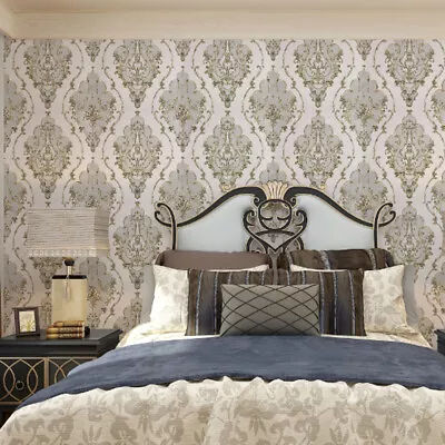 Retro White Grey Floral Damask Wallpaper For Bedroom Vintage Pvc Wall Paper • £10.90