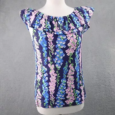 Lilly Pulitzer Top M Wynne Cotton Navy Blue Bells Floral Shirt Ruffles Knit • $16.74