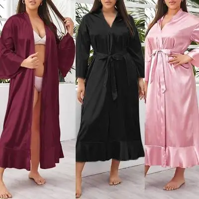 $9.99 • Buy US Women Stain Silk Underwear Bathrobe Kimono Long Robe Dressing Gown Plus Size