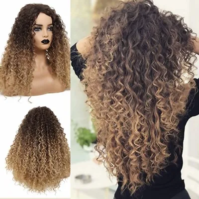 Long Afro Kinky Curly Wig Synthetic Hair Wigs W Ombre Black & Brown Mix Blonde • $20.67