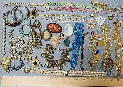 Antique & Vtg Costume JUNK Jewelry Lot Repair Salvage Necklace Bracelet Brooch • $39.99