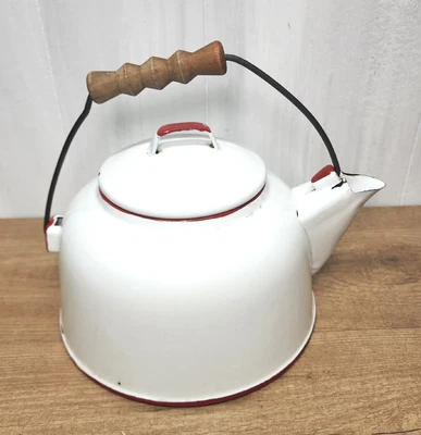 $29 • Buy Vintage Large White Red ENAMEL Metal TEAPOT Water KETTLE Wood Handle Primitive