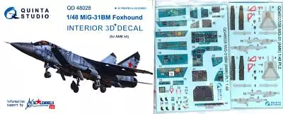 Quinta Studios 1/48 MiG-31BM 3D DECAL COLORED INTERIOR SET AMK Kit • $31.50