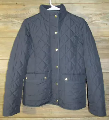 J Crew Navy Blue Diamond Quilted Coat Jacket Women XS Gold Zipper Snaps Pockets • $21