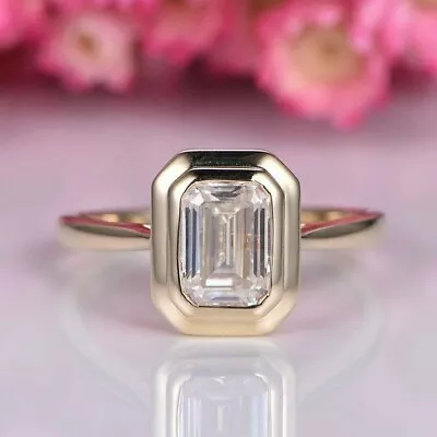 2.48 Ctw Emerald Cut Moissanite Bezel Set Engagement Ring 14K Yellow Gold Plated • $115.07
