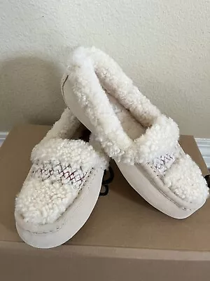 UGG ANSLEY BRAID Cream SUEDE FUR MOCCASIN LOAFER SLIPPERS SIZE US 7 WOMEN • $84.99