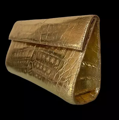 $499.99 • Buy $1400 Nancy Gonzalez Geniune Alligator Crocodile Flap Over Clutch Bag GOLD