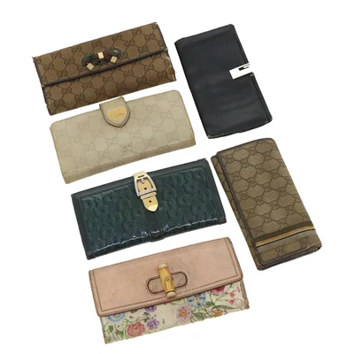 $180 • Buy GUCCI GG Canvas Long Wallet Leather 6Set Beige Black Pink Auth Ti869