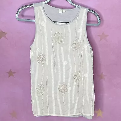 E BY ELOISE Anthropologie Sleeveless Gray Tan Cream Floral Embroidered Top Tank • $22.99