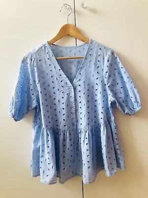 Zara Blue Broderie Anglaise Cotton Lace Summer Top Size Medium Peplum Waist VGC • £10