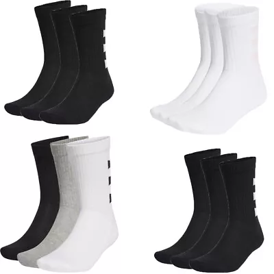 Adidas Mens Womens Socks 3 Pairs Crew Socks 3-Stripes Half Cushioned Long Size • £9.99