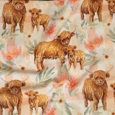 Highland Cow Jersey Fabric Gingham Floral Fabric Cotton Jersey Fabric • £17