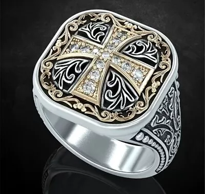 🔥Maltese Cross Biker Ring Silver/Gold Diamonds • $12.99