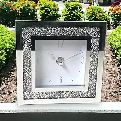 SERENA'S Square Crushed Diamante Mantle Clock Glass Mirrored Desk Table Clock El • £12.99