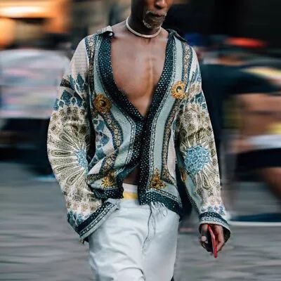 Fashion Hipster Dashiki Stand Collar Mens African T Shirt Blouse Tops UK • £20.99