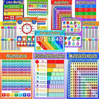 Educational Math Posters For Kids 12 Pieces With 80 Glue Point Dot For Elementar • $26.49