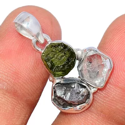 Raw Moldavite Herkimer & Meteorite Pendant 925 Sterling Silver Handmade Jewelry • $38.11