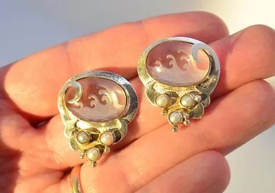 Vintage Large Michou Sterling Silver Pearl Carved Rock Crystal Stud Earrings • $275