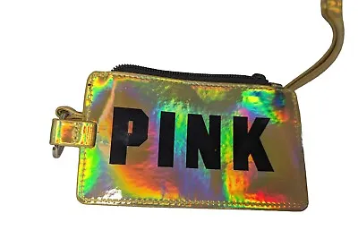 Victorias Secret PINK Lanyard IDHolder Wallet Gold Iridescent Logo Wristlet Gift • $47.86