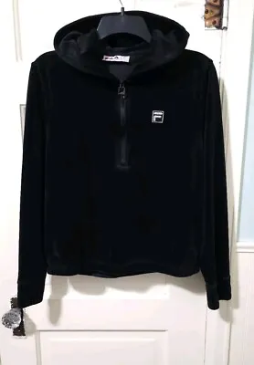 Womens FILA Velvet Velour Athletic Pullover Hoodie Jacket Small Black Pockets • $19.99