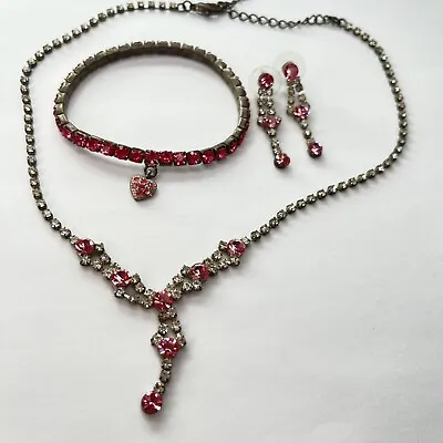 VTG  Pink And White  Rhinestone Collar Link Necklace Bracelet Earring Set B2 • $9.99