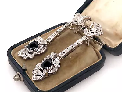 Vintage Palladium ART DECO ANTIQUE SAPPHIRE DIAMOND CHANDELIER Earrings #M • $499.95