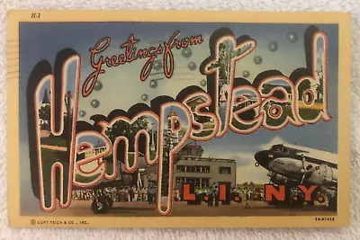1944 Greetings From Hempstead Long Island NY Airplane Large Letter Postcard • $11