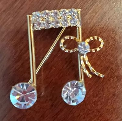 Musical Note With Bow Pin Brooch Handcrafted Gold Tone With Clear Gemstones • $9.97