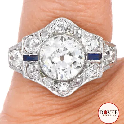 Vintage 3.24cts Old European Diamond Sapphire Platinum Deco Engagement Ring NR • $1