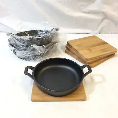Hawok Black Cast Iron Mini Round Serving Bowl 5.6 Inch With Bamboo Tray Set Of 4 • $79.99