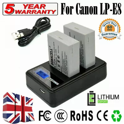 2x LP-E8 Battery Pack & Dual Charger For Canon EOS 700D 600D 550D 650D Rebel • £18.49