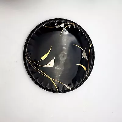 Mikasa Gold Leaves CAKE PLATE Black Glossy Serving Platter Silver Calla Lily VTG • $34