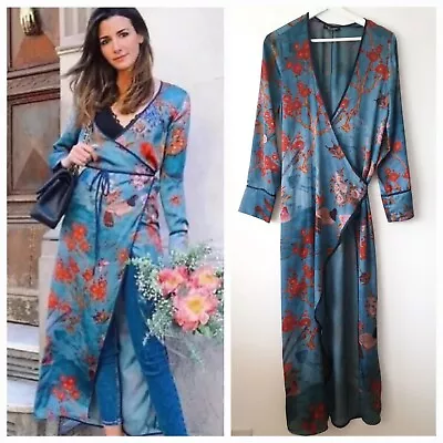 Zara Satin Bird Print Oriental Kimono Wrap Dress Size L Large 12 14  • $49.79