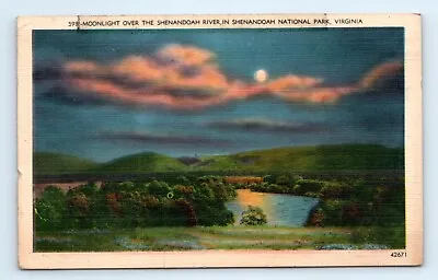 Moonlight Over Shenandoah River National Park VA Linen Postcard Posted 1946 • $7